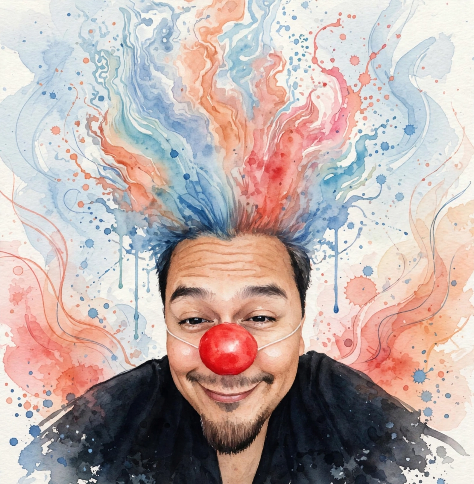 Retrato artístico de Chiflip con nariz roja y acuarela